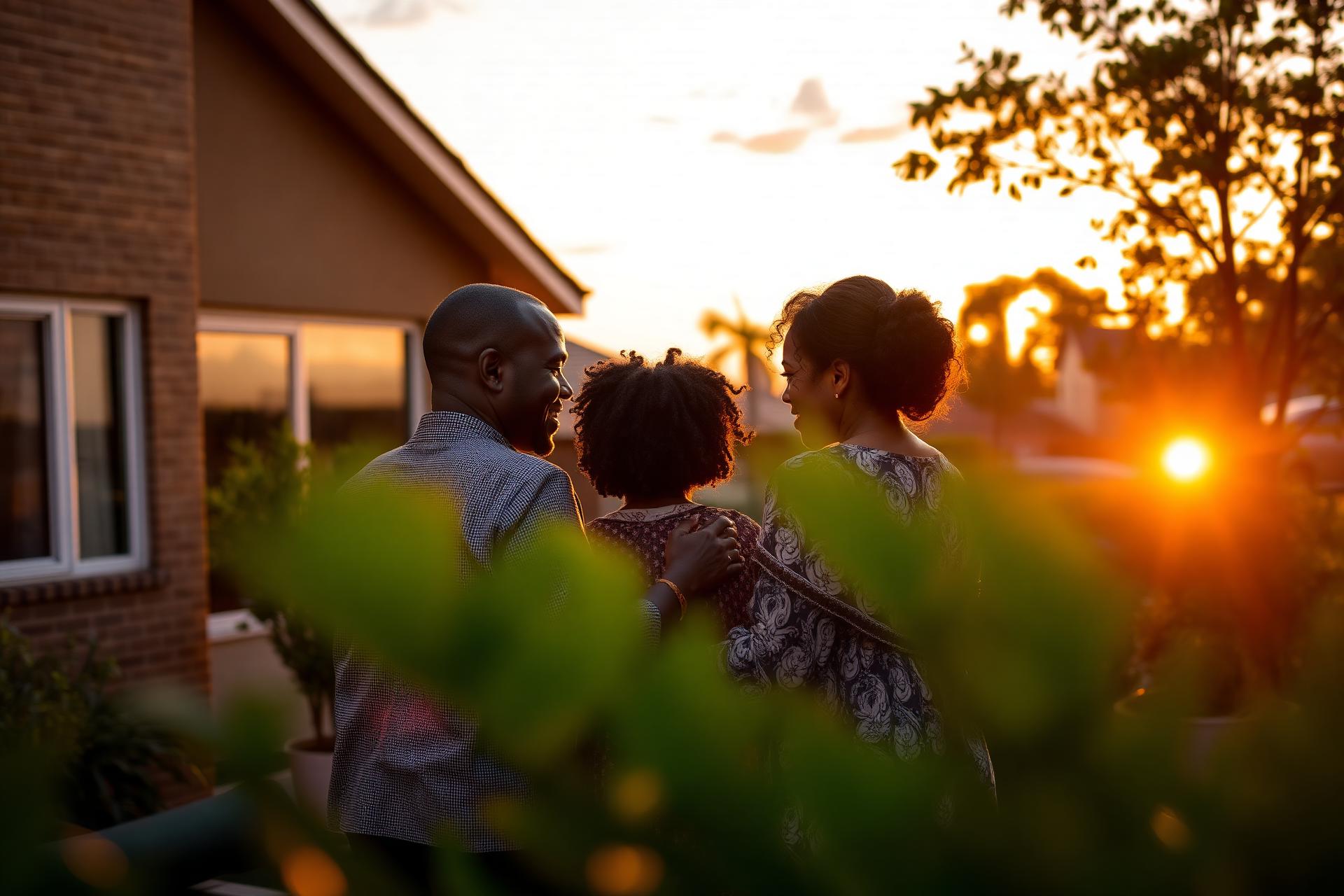 Kenyan family reunited at golden hour, overlooking a modern skyline