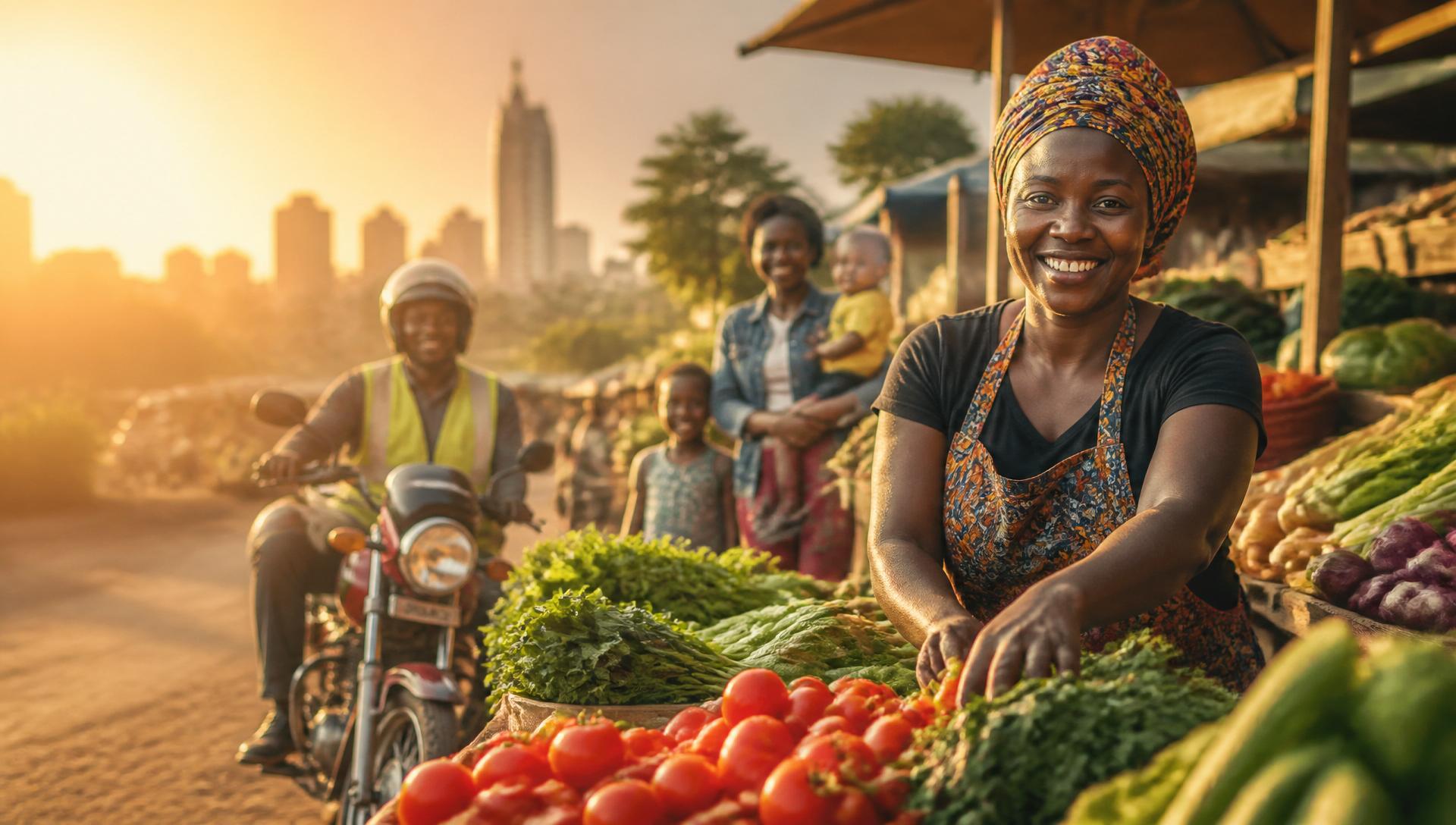 Smiling Kenyan market trader with family and boda boda rider in the background